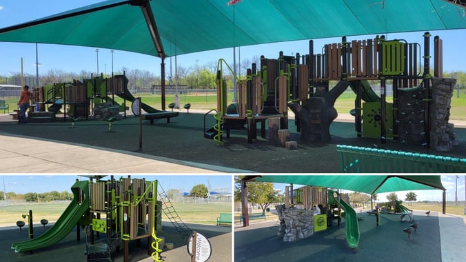PlayBooster® playground structure at Northeast Metropolitan Park in Pflugerville, Texas, featuring age-separated play zones for children 2–5 and 5–12 beneath large shade structures at 15500 Sun Light Near Way.