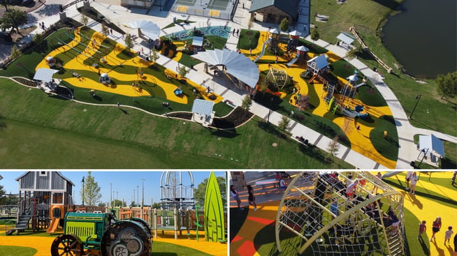 Farm-themed three-tower playground with ZipKrooz zipline, splash pad, and wheat field turf surfacing at Old Celina Park in Celina, Texas