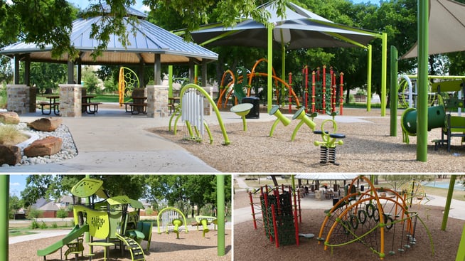 SkyWays Hexagon Double Layer shade structure over Evos playsystem and GeoPlex Trailblazer Climber at Pearson Acres Park in Frisco, Texas