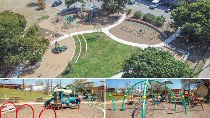 Colorful playground at Pan American Park in East Austin featuring a multi-age climbing structure with Evos net system, Oodle swings, WhooshWinder slide, and integrated shade, finished in peacock blue and limon powdercoat.