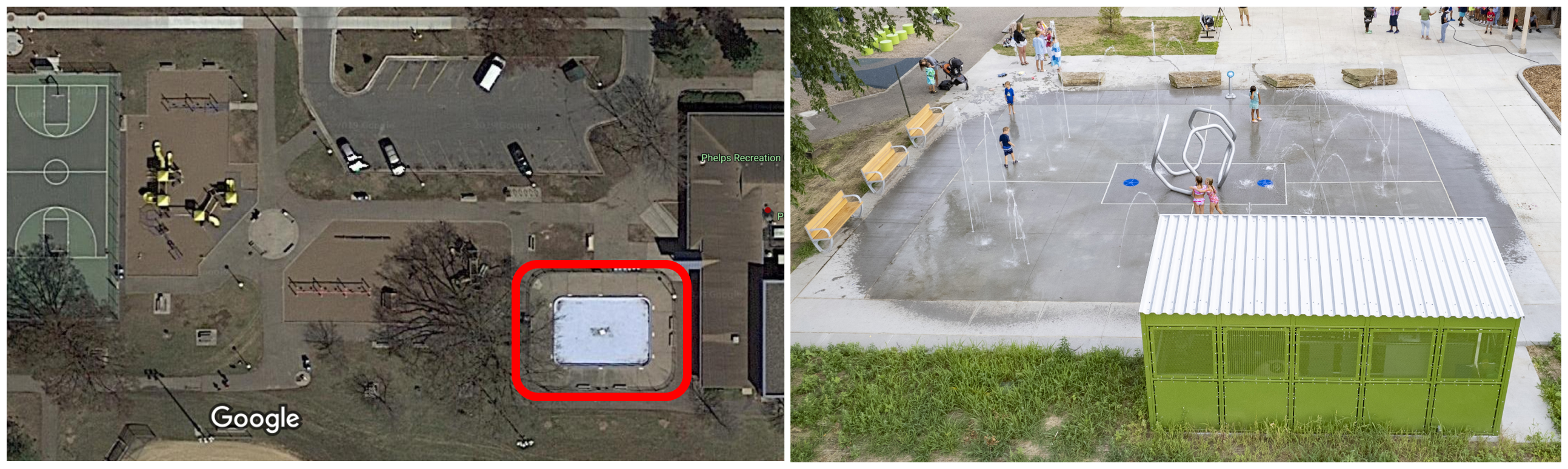 Modern splash pad installation at Phelps Park, Minneapolis, MN, featuring ground-level water sprays that replaced an underutilized wading pool.