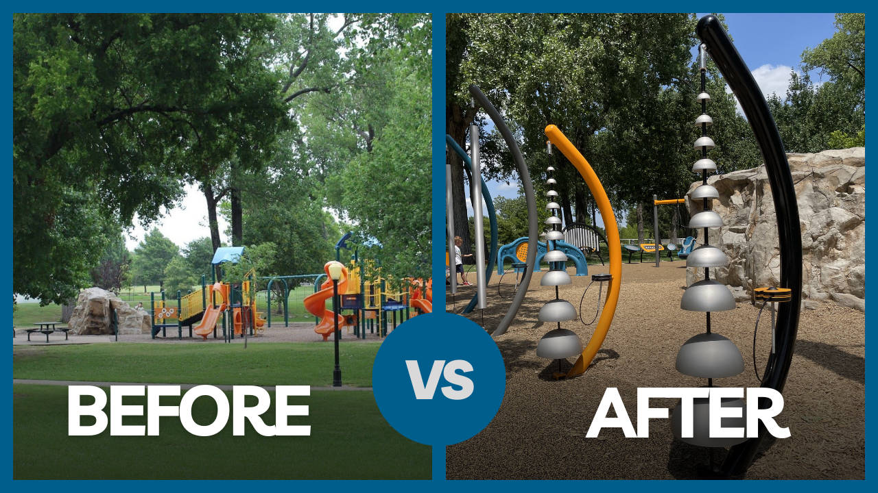 Playground improvements at Bethany Lakes Park, Allen, TX: Inclusive equipment, rubber surfacing, accessibility swings. 