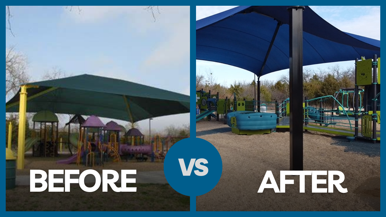 Revived Ernie Roberts Park, preserving shade structure for efficient playground improvements. Enhanced with vibrant colors, supporting community joy.