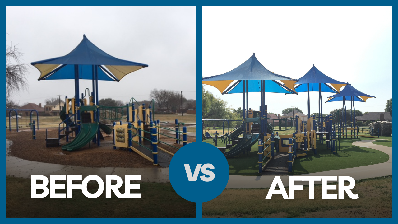 Playground improvements at Rosemeade Park revive vibrancy with new paint, shade, turf, and exciting play structures.