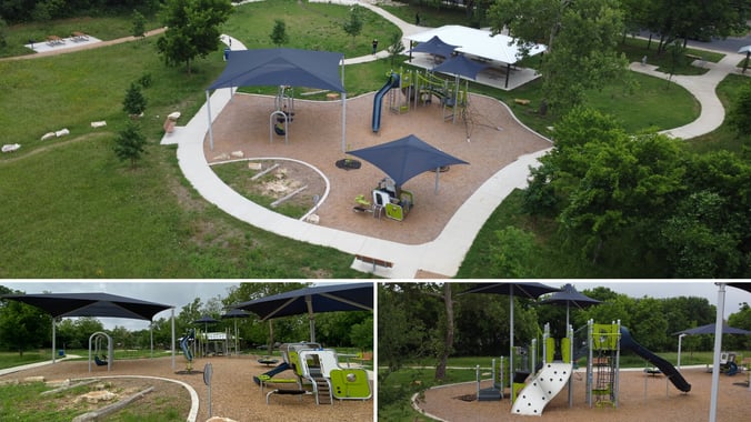 Pomerleau Park playground in Austin, Texas, featuring a PlayBooster® structure with integrated CoolToppers® shade for ages 5–12, a Smart Play® Cube for toddlers ages 2–3, and a 16x16 SkyWays® Cantilever shade structure, with seating and trail access throughout the space.