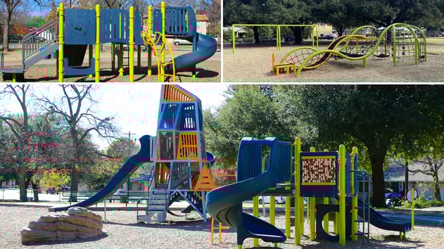 Landscape Structures Alpha Tower multi-level climbing structure with slides at Quakertown Park, complemented by a secondary play structure for younger children.