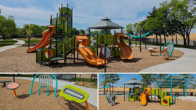 Super Netplex towers, ZipKrooz zipline, and pavilion at Rolling Hills Park in Allen, Texas