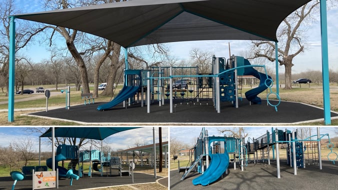 Landscape Structures playground at Richard Moya Park in Austin, Texas, featuring a PlayShaper® structure for ages 2–5 and a PlayBooster® system for ages 5–12, with Rhapsody® Outdoor Musical Instruments including a Ditty Metallophone, Goblet Drum Junior, and Kettle Drum Junior, all set in a shaded community park environment.