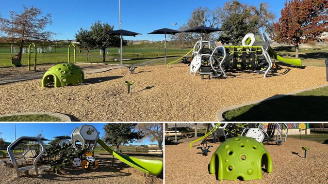 The Hedra play system at Robin Bledsoe Park in Leander, TX — a geometric, interconnected climbing structure with multiple play levels, a Cozy Dome retreat, and three overhead shade structures.