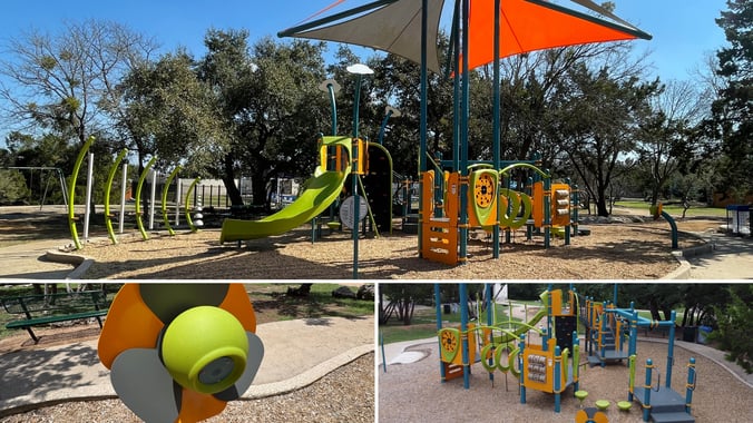 ColorBooster® playground structure at Sendero Springs Park in Round Rock, Texas, featuring Rhapsody® musical play components and an integrated shade sail, designed for children ages 5 to 12.