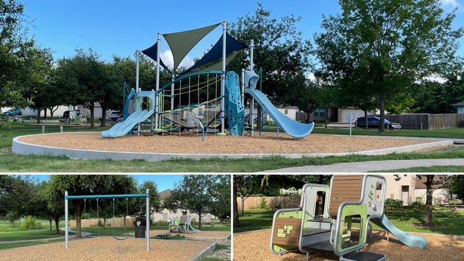 Smart Play® Volo™ playground structure by Landscape Structures at Rock Hollow Park in Round Rock, Texas, featuring interconnected LSI Flexx™ steel-reinforced cable netting in a circular ring design that supports inclusive, whole-body play for children of all abilities.