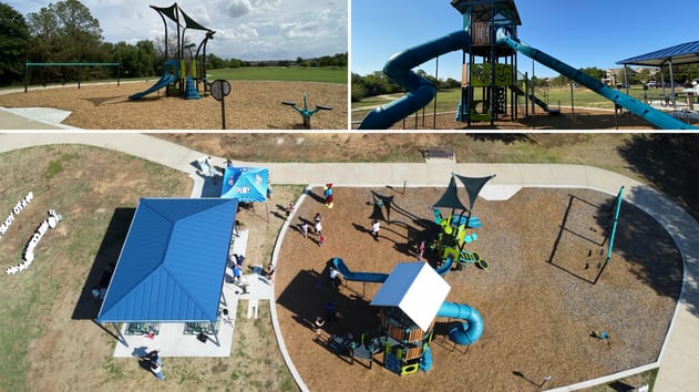 Sequoia Park playground featuring the Landscape Structures PlayBooster main structure and Smart Play Sprig toddler structure, surrounded by nature-inspired design elements in a Spring color palette.
