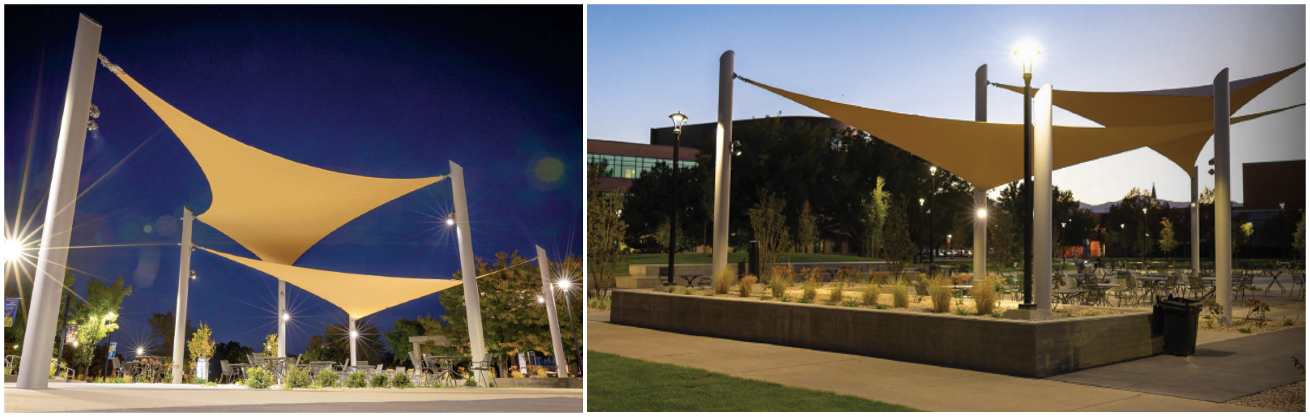 Illuminated fabric shade structure lighting courtyard at night with integrated electrical systems
