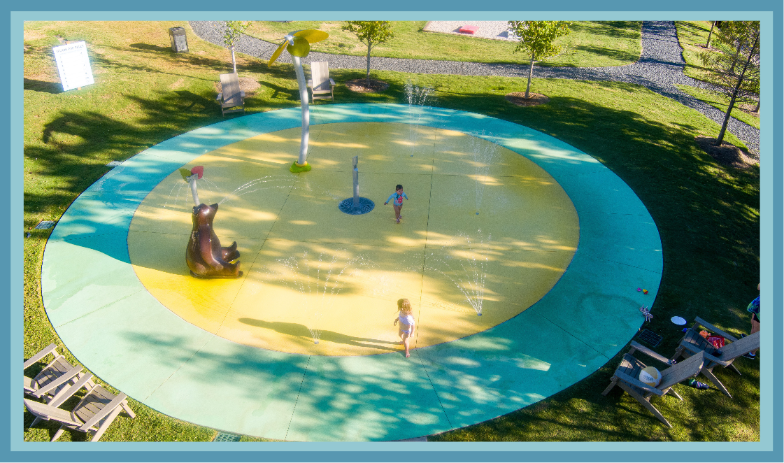 Nature-themed BloomBurst and SplashPack Bear spray features at Woodway Arboretum splash pad in Woodway, TX.