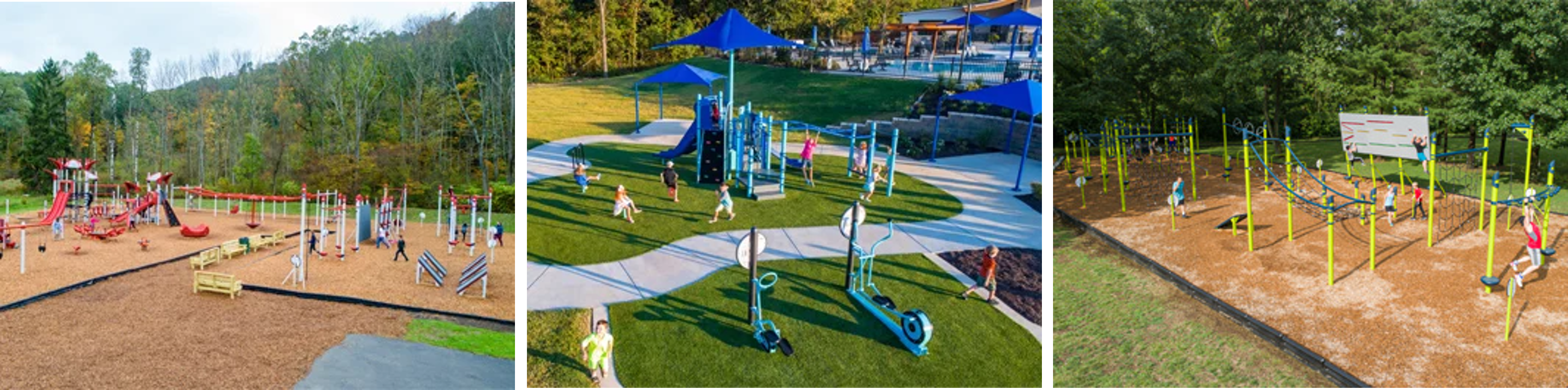 Three examples of outdoor fitness trail layouts featuring exercise stations, climbing equipment, walking paths and surrounding park amenities.