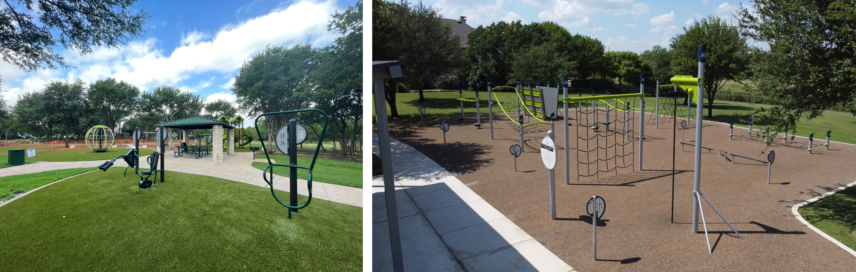 Two outdoor fitness areas featuring exercise stations, climbing and balance equipment, instructional signage, accessible paths and park amenities.