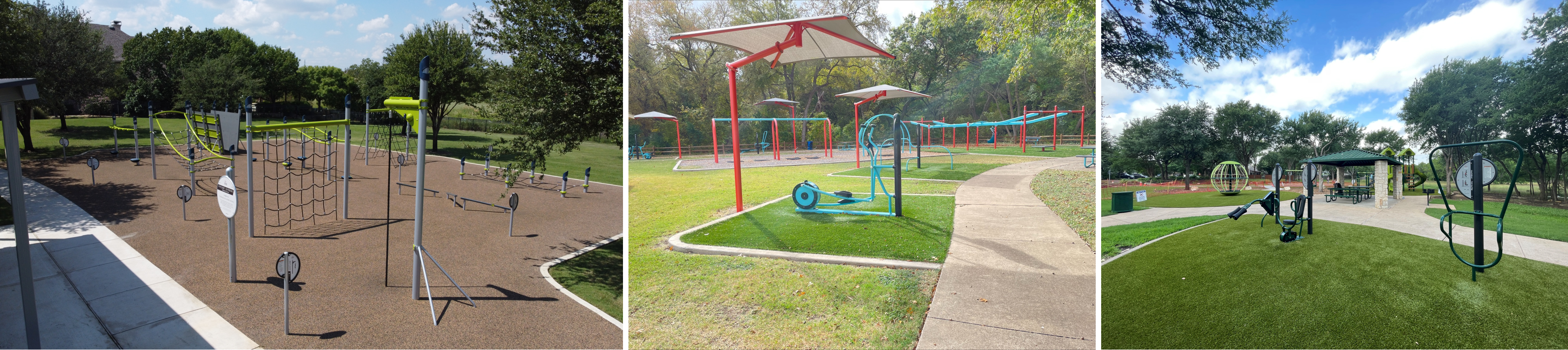 Three examples of outdoor fitness trail layouts featuring exercise stations, climbing equipment, walking paths and surrounding park amenities.