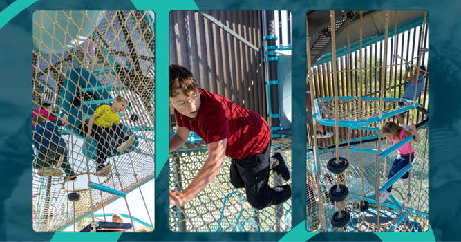 A child climbing up LSI Flexx™ netting, demonstrating its inclusive design with smooth cables and multiple routes to accommodate all abilities