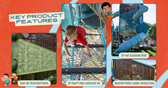 Innovative 27-foot playground tower with perforated panels, multiple climbing features, and slides, designed for inclusive outdoor play spaces