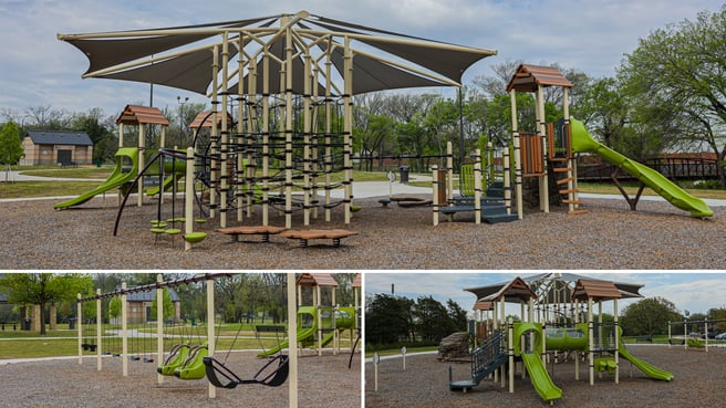 PlayBooster structures, Netplex climbing tower, and five-bay swing set at Willow Creek Park in Plano, Texas