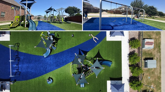 Children's playground at Windsor Park in Castle Hills featuring nature-inspired equipment for ages 2–12, with swings, shade structures, and turf safety surfacing.