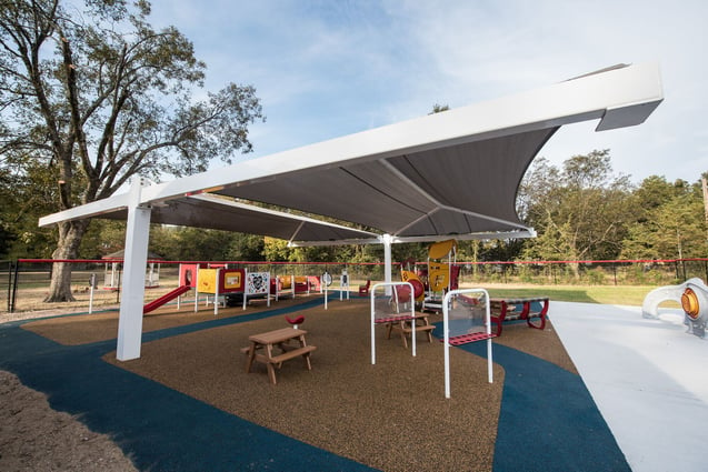 Children playing in shaded outdoor area at a daycare with fabric shade structures providing UV protection.