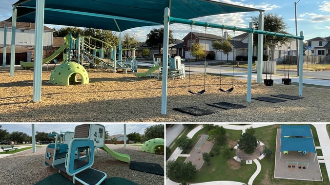Zola Park playground in Pflugerville, Texas featuring the Smart Play Volo structure with dual inner and outer play rings connected by Flexx steel-reinforced cable netting, surrounded by open green space in the Meadows at Cambridge Heights neighborhood.