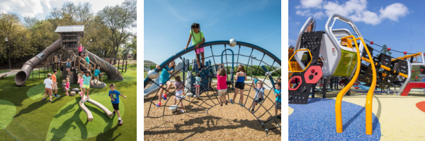 Playground surfacing options: A visual representation of various surfacing materials including rubber tiles, engineered wood fiber, rubber mulch, artificial turf, and poured-in-place rubber.